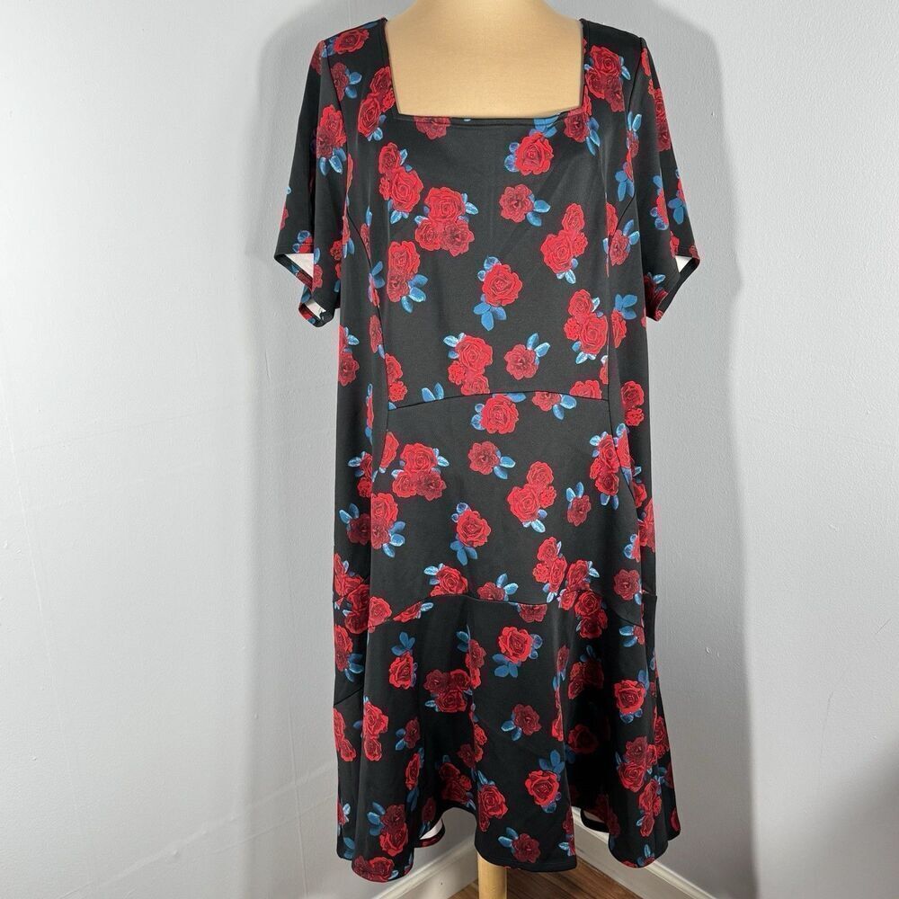 Lane Bryant Sz 28 Women’s Plus Scuba Square Neck Roses Floral Swing Dress CUTE